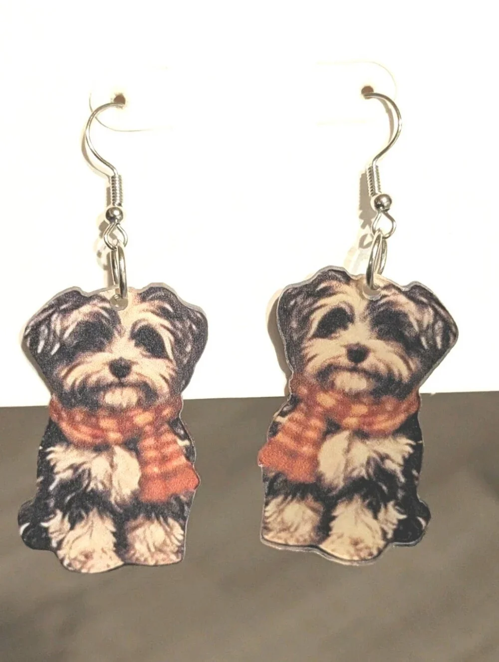 Hand Crafted Black, Cream and Orange Dog Scarf Drop Earrings